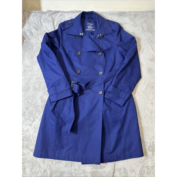 L.L. Bean Women's Double Breasted Trench Rain Coat Belted Blue Size Large - Picture 2 of 9